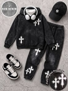 Tween Boys Denim Print Cross Graphic Hoodie & Sweatpants Set, Streetwear 2 Piece Outfit With Drop Shoulder Pullover, Loose Fit Jogger Pants, Elastic W - Multicolor - View 1