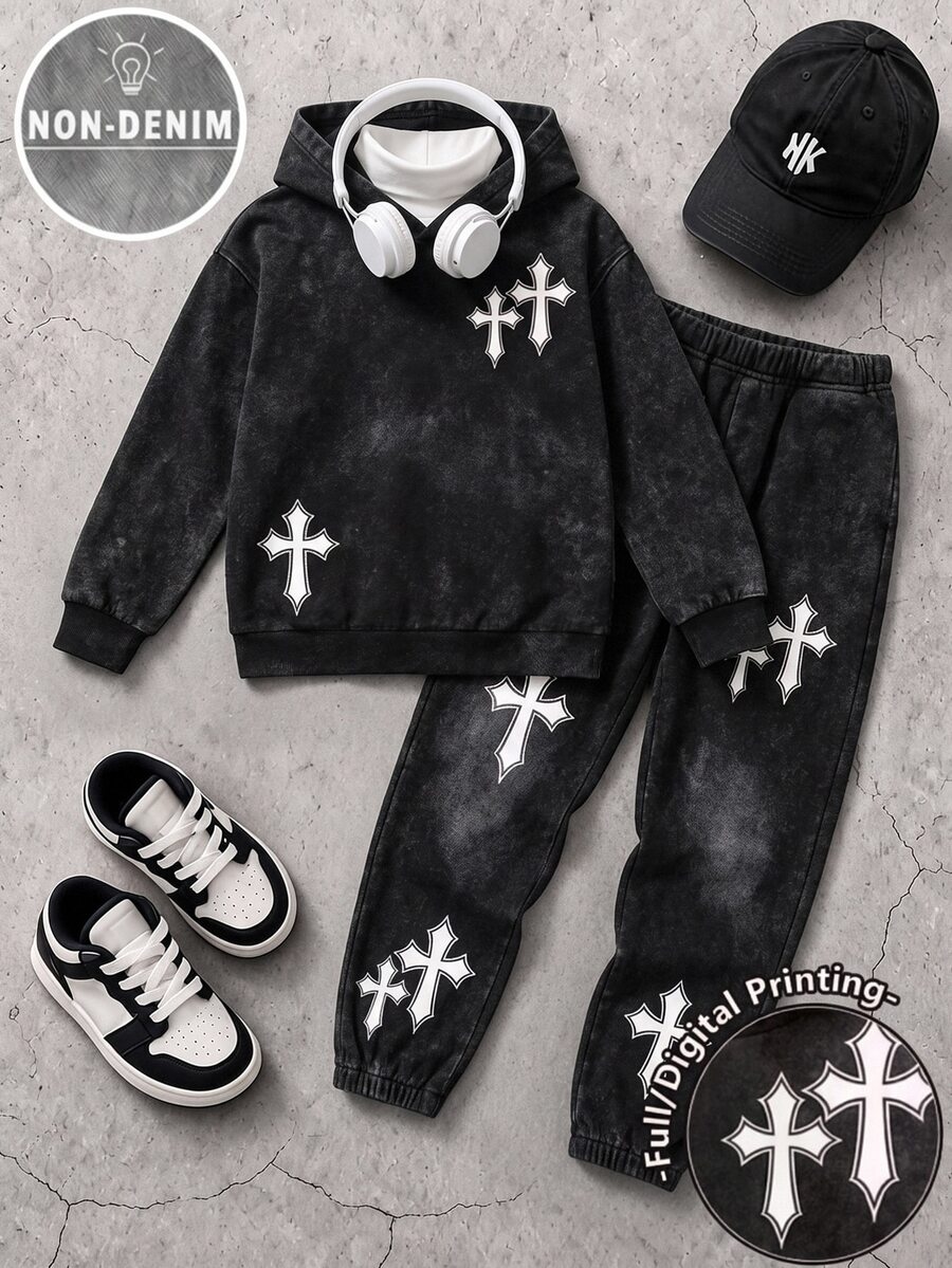 Tween Boys Denim Print Cross Graphic Hoodie & Sweatpants Set, Streetwear 2 Piece Outfit With Drop Shoulder Pullover, Loose Fit Jogger Pants, Elastic W - Multicolor - View 1