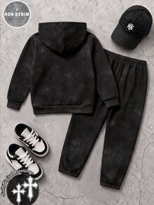 Tween Boys Denim Print Cross Graphic Hoodie & Sweatpants Set, Streetwear 2 Piece Outfit With Drop Shoulder Pullover, Loose Fit Jogger Pants, Elastic W - Multicolor - View 2