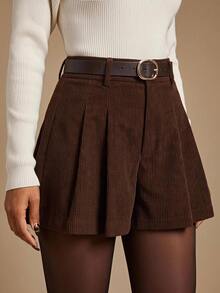 Radiana Celana Pendek Korduroi Cokelat Tua Gaya Kasual Musim Gugur/Musim Dingin, Preppy, Elegan, untuk Perjalanan, Sekolah, Kerja, Kencan. - Coklat - View 2