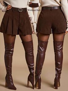 Radiana Celana Pendek Korduroi Cokelat Tua Gaya Kasual Musim Gugur/Musim Dingin, Preppy, Elegan, untuk Perjalanan, Sekolah, Kerja, Kencan. - Coklat - View 1