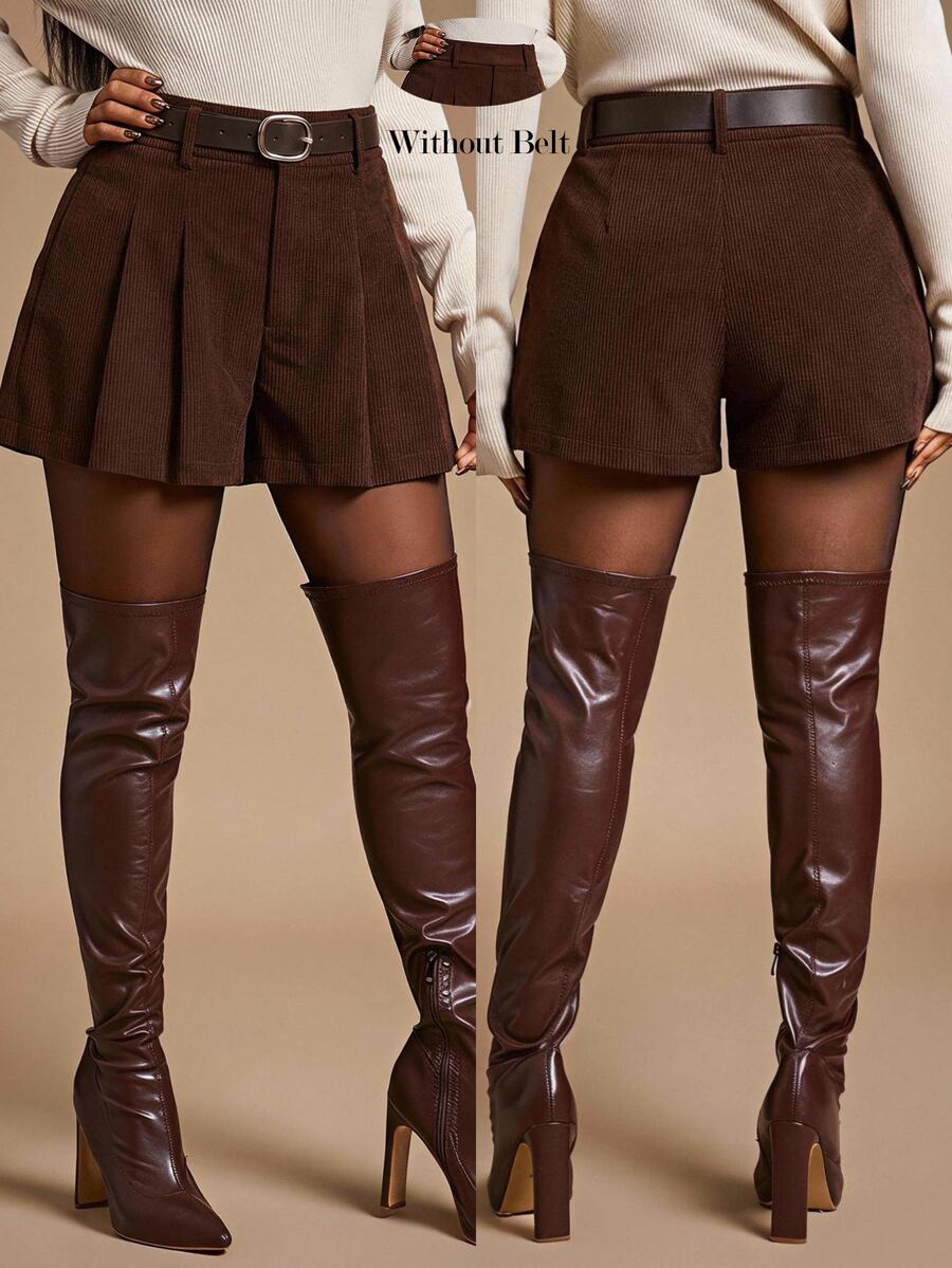 Radiana Celana Pendek Korduroi Cokelat Tua Gaya Kasual Musim Gugur/Musim Dingin, Preppy, Elegan, untuk Perjalanan, Sekolah, Kerja, Kencan. - Coklat - View 1