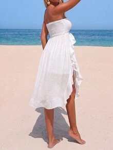 SHEIN Swim Women's Solid Color Patchwork Ruffle Strapless Cover Up Dress For Vacation - White - View 2