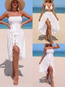 SHEIN Swim Women's Solid Color Patchwork Ruffle Strapless Cover Up Dress For Vacation - White - View 1