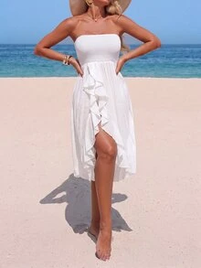 SHEIN Swim Women's Solid Color Patchwork Ruffle Strapless Cover Up Dress For Vacation - White - View 3