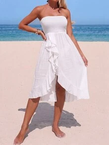 SHEIN Swim Women's Solid Color Patchwork Ruffle Strapless Cover Up Dress For Vacation - White - View 5