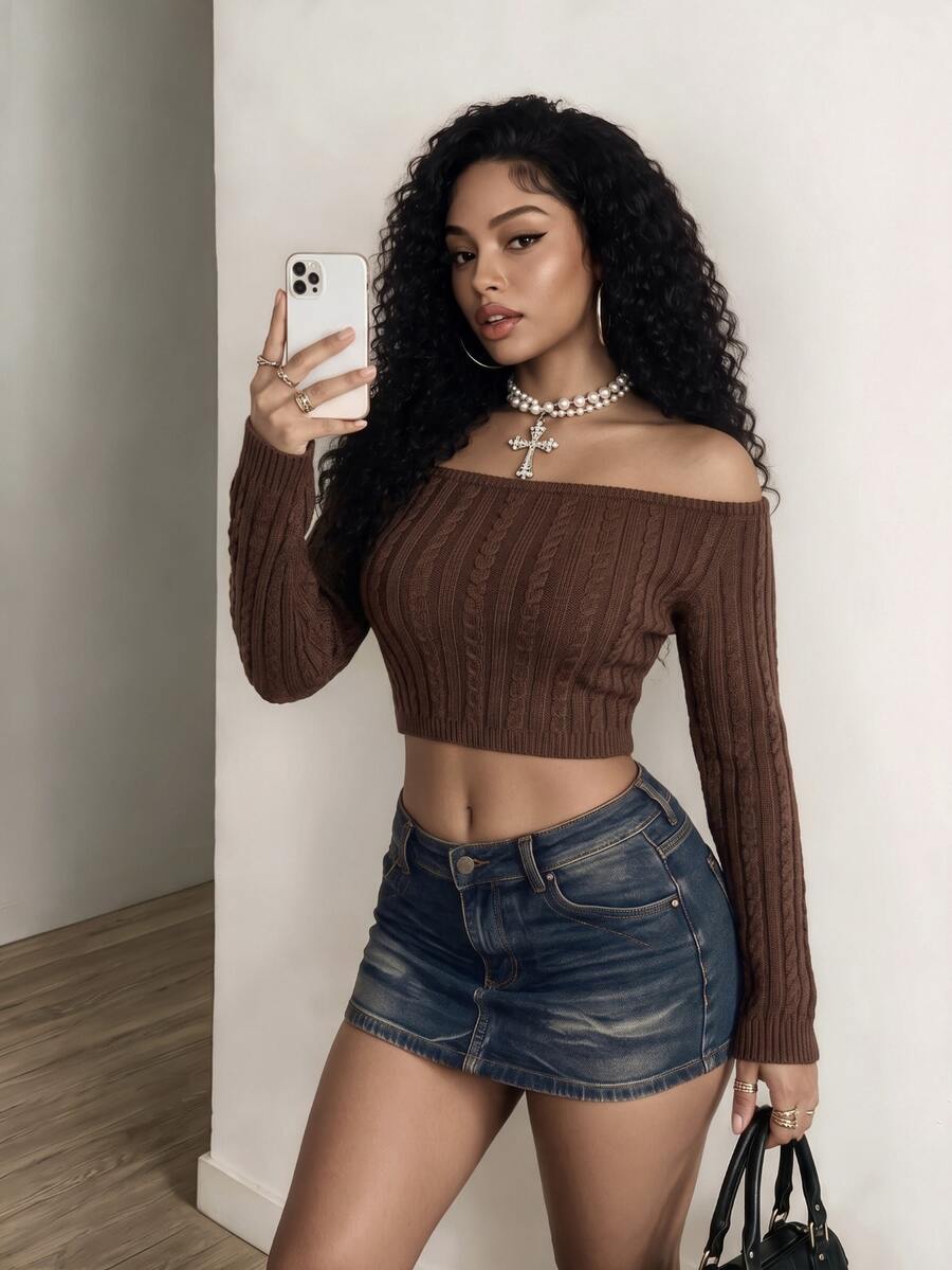 BamGleam Autumn Winter Off Shoulder Figure-Flattering Knit Top, Solid Color Backless Knitted Blouse Suitable For Party & Daily Wear