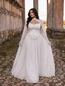 Glamrae Plus Size Elegant Romantic Glamorous Sequin 3D Floral Applique Strapless Corset Cape Lace Long Sleeve 2 In 1 Ruched A-Line Wedding Gown For Events - White - View 7