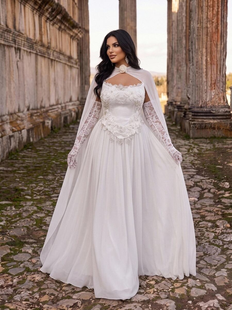 Aureia Plus Size Elegant Romantic Glamorous Sequin 3D Floral Applique Strapless Corset Cape Lace Long Sleeve 2 In 1 Ruched A-Line Wedding Gown For Events - White - View 1