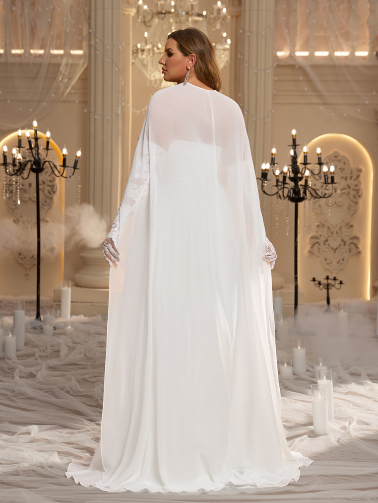 Glamrae Plus Size Elegant Romantic Glamorous Sequin 3D Floral Applique Strapless Corset Cape Lace Long Sleeve 2 In 1 Ruched A-Line Wedding Gown For Events - White - View 3