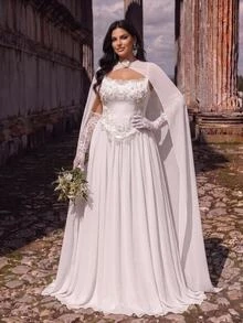 Glamrae Plus Size Elegant Romantic Glamorous Sequin 3D Floral Applique Strapless Corset Cape Lace Long Sleeve 2 In 1 Ruched A-Line Wedding Gown For Events - White - View 4