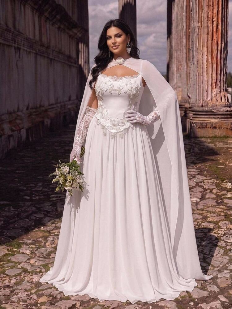Glamrae Plus Size Elegant Romantic Glamorous Sequin 3D Floral Applique Strapless Corset Cape Lace Long Sleeve 2 In 1 Ruched A-Line Wedding Gown For Events - White - View 4