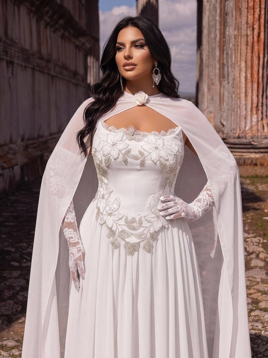 Glamrae Plus Size Elegant Romantic Glamorous Sequin 3D Floral Applique Strapless Corset Cape Lace Long Sleeve 2 In 1 Ruched A-Line Wedding Gown For Events - White - View 1