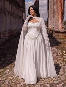 Glamrae Plus Size Elegant Romantic Glamorous Sequin 3D Floral Applique Strapless Corset Cape Lace Long Sleeve 2 In 1 Ruched A-Line Wedding Gown For Events - White - View 2