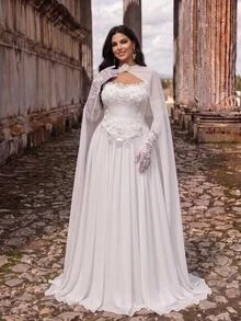 Glamrae Plus Size Elegant Romantic Glamorous Sequin 3D Floral Applique Strapless Corset Cape Lace Long Sleeve 2 In 1 Ruched A-Line Wedding Gown For Events - White - View 5
