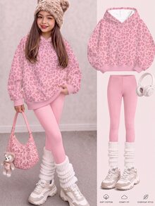 青少年女孩連帽落肩冬季運動衫與修身內搭褲2件套，保暖內裡秋季童裝 - 彩色 - 查看 1