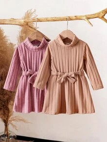 SHEIN 2件組女嬰長袖洋裝，6個月至3歲，甜美風，純色羅紋抓絨高領附腰帶，卡其色與粉色百褶裙，新生兒公主裙，休閒外穿 - 彩色 - 查看 4