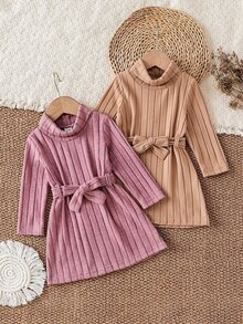 SHEIN 2件組女嬰長袖洋裝，6個月至3歲，甜美風，純色羅紋抓絨高領附腰帶，卡其色與粉色百褶裙，新生兒公主裙，休閒外穿 - 彩色 - 查看 5