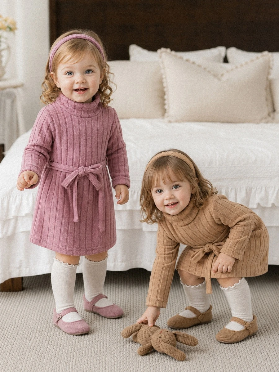 SHEIN 2件組女嬰長袖洋裝,6個月至3歲,甜美風,純色羅紋抓絨高領附腰帶,卡其色與粉色百褶裙,新生兒公主裙,休閒外穿 - 彩色 - 查看 1