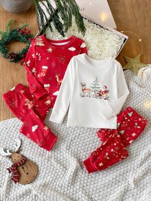 SHEIN 女嬰 4 件組聖誕秋/冬貼身長袖睡衣褲套裝，卡通紅鹿印花 - 彩色 - 查看 4