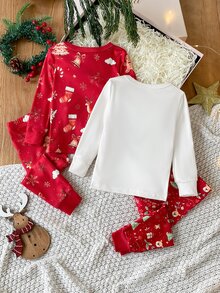 SHEIN 女嬰 4 件組聖誕秋/冬貼身長袖睡衣褲套裝，卡通紅鹿印花 - 彩色 - 查看 3