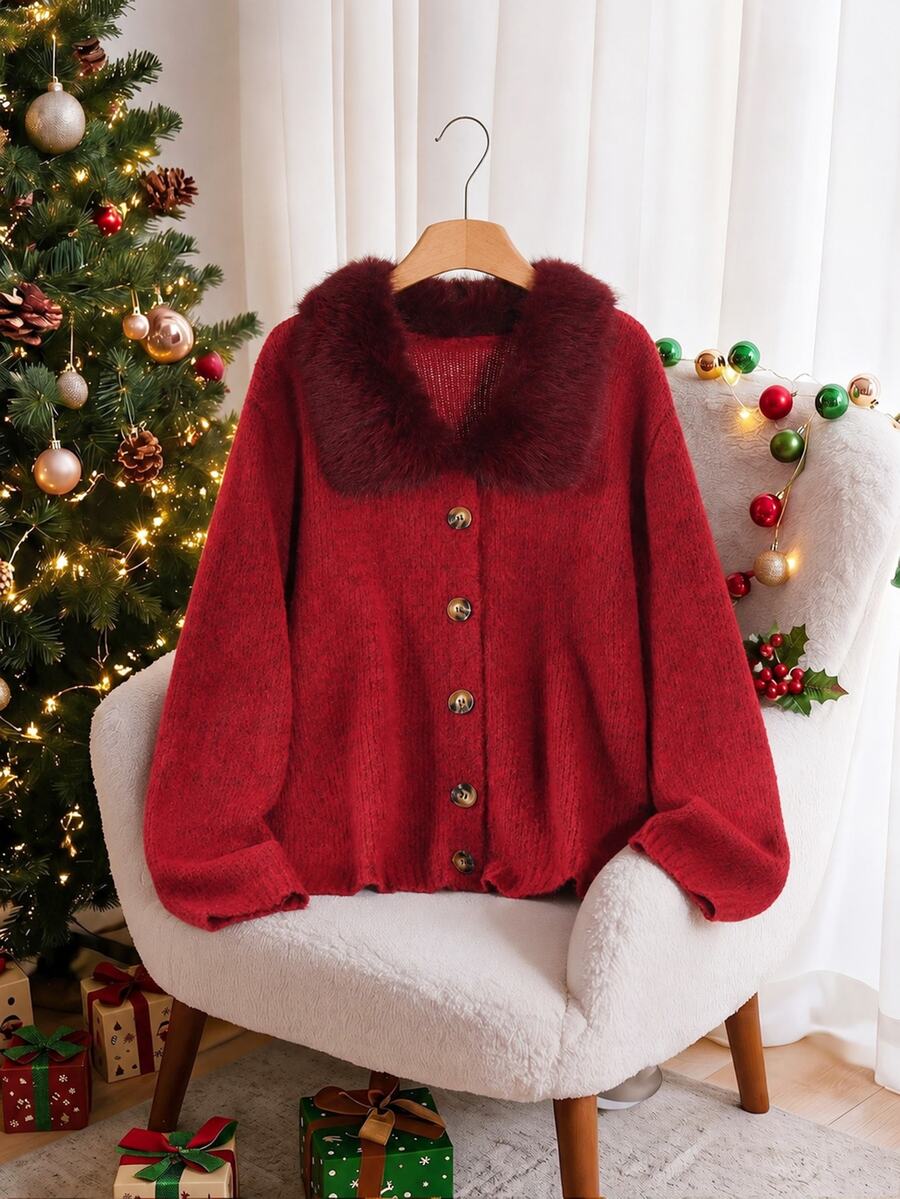 CosyJoli Plus Size Women Solid Color Fur Collar Turn-Down Collar Long Sleeve Single-Breasted Knit Cardigan