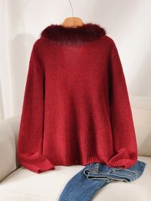 CosyJoli Plus Size Women Solid Color Fur Collar Turn-Down Collar Long Sleeve Single-Breasted Knit Cardigan - Apricot - View 3
