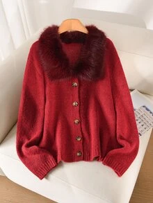 CosyJoli Plus Size Women Solid Color Fur Collar Turn-Down Collar Long Sleeve Single-Breasted Knit Cardigan - Apricot - View 6