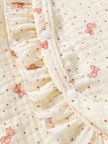 SHEIN Baby Girl Polka Dot Bow Print Ruffled Long Sleeve Loose Casual Fall Autumn/Winter Fleece Lined Jumpsuit Round Neck Cotton Floral Button Pants 3pcs - Khaki - View 7