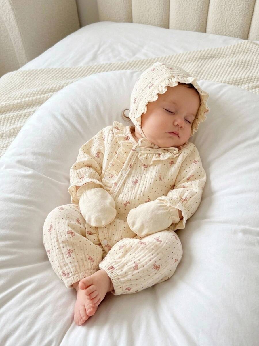 SHEIN Baby Girl Polka Dot Bow Print Ruffled Long Sleeve Loose Casual Fall Autumn/Winter Fleece Lined Jumpsuit Round Neck Cotton Floral Button Pants 3pcs