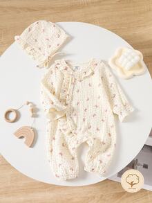 SHEIN Baby Girl Polka Dot Bow Print Ruffled Long Sleeve Loose Casual Fall Autumn/Winter Fleece Lined Jumpsuit Round Neck Cotton Floral Button Pants 3pcs - Khaki - View 3