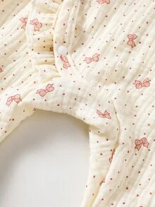 SHEIN Baby Girl Polka Dot Bow Print Ruffled Long Sleeve Loose Casual Fall Autumn/Winter Fleece Lined Jumpsuit Round Neck Cotton Floral Button Pants 3pcs - Khaki - View 10