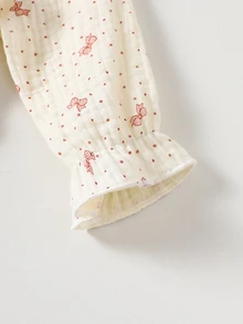 SHEIN Baby Girl Polka Dot Bow Print Ruffled Long Sleeve Loose Casual Fall Autumn/Winter Fleece Lined Jumpsuit Round Neck Cotton Floral Button Pants 3pcs - Khaki - View 8