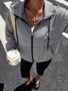 Muchica Women's Winter Outfit: Black And White Checkered Hooded Knit Zip-Up Jacket And Sweatpants (70s-Style Look) - Black and White - View 1
