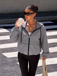 Muchica Women's Winter Outfit: Black And White Checkered Hooded Knit Zip-Up Jacket And Sweatpants (70s-Style Look) - Black and White - View 3