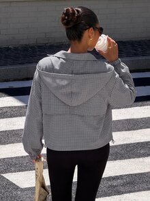 Muchica Women's Winter Outfit: Black And White Checkered Hooded Knit Zip-Up Jacket And Sweatpants (70s-Style Look) - Black and White - View 2