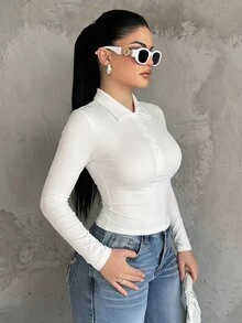 SHEIN SXY White High Elasticity Knitted Polo Collar Long Sleeve Fitted Cropped Top Fall - White - View 5