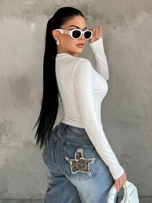 SHEIN SXY White High Elasticity Knitted Polo Collar Long Sleeve Fitted Cropped Top Fall - White - View 7