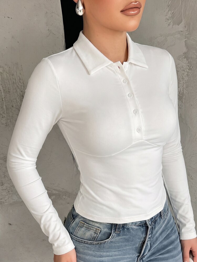 SHEIN SXY White High Elasticity Knitted Polo Collar Long Sleeve Fitted Cropped Top Fall - White - View 6