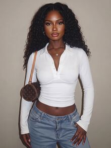 SHEIN SXY White High Elasticity Knitted Polo Collar Long Sleeve Fitted Cropped Top Fall - White - View 1