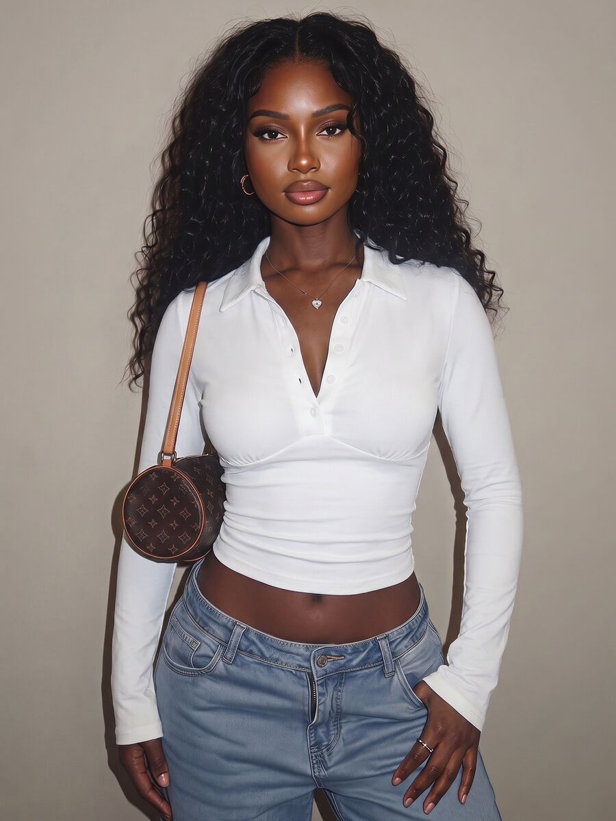 SHEIN SXY White High Elasticity Knitted Polo Collar Long Sleeve Fitted Cropped Top Fall - White - View 1