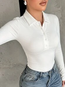 SHEIN SXY White High Elasticity Knitted Polo Collar Long Sleeve Fitted Cropped Top Fall - White - View 3