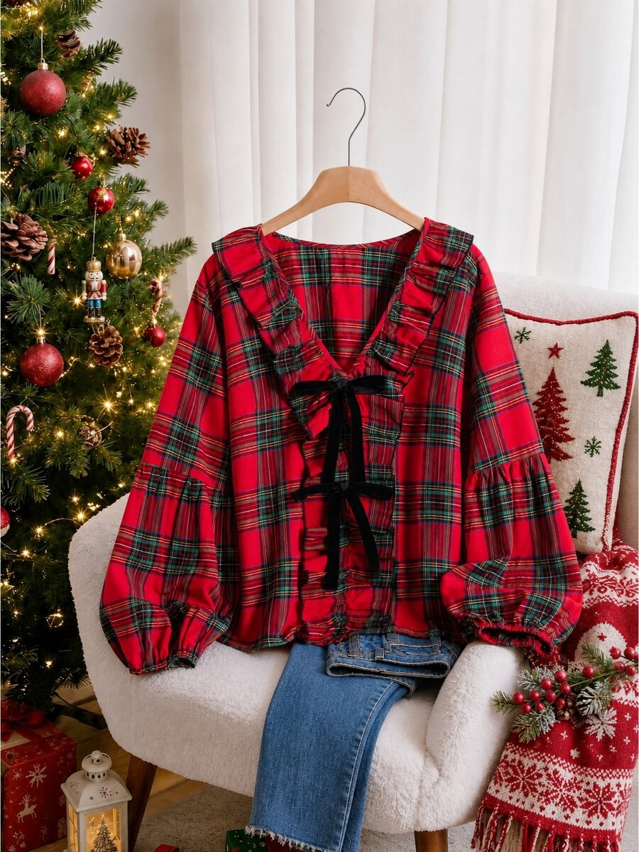 CosyJoli Plus Tartan Print Bow Ruffle Trim Lantern Sleeve Blouse Vacation Formal Red And White Autumn Casual Medieval Fall