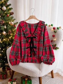 CosyJoli Plus Tartan Print Bow Ruffle Trim Lantern Sleeve Blouse Vacation Formal Red And White Autumn Casual Medieval Fall - Red - View 3