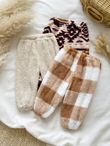 SHEIN Vintaside Kids 3pcs Casual Sports Geometric Pattern Fuzzy Thick Fabric Cuffed Long Pants Suitable For Daily Wear And Autumn/Winter - Multicolor - View 2