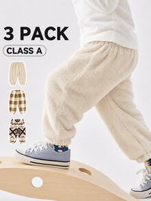 SHEIN Vintaside Kids 3pcs Casual Sports Geometric Pattern Fuzzy Thick Fabric Cuffed Long Pants Suitable For Daily Wear And Autumn/Winter - Multicolor - View 3