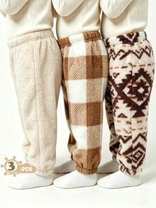 SHEIN Vintaside Kids 3pcs Casual Sports Geometric Pattern Fuzzy Thick Fabric Cuffed Long Pants Suitable For Daily Wear And Autumn/Winter - Multicolor - View 1
