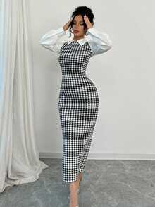 Elenzga Elegant Black And White Houndstooth Pattern Slim Patchwork Puff Sleeve Collar Maxi Dress,Fall Winter Women Office Fall Outfit Fashionable Long Dress - Black - View 5