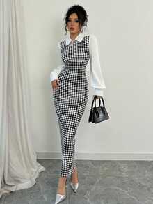 Elenzga Elegant Black And White Houndstooth Pattern Slim Patchwork Puff Sleeve Collar Maxi Dress,Fall Winter Women Office Fall Outfit Fashionable Long Dress - Black - View 7