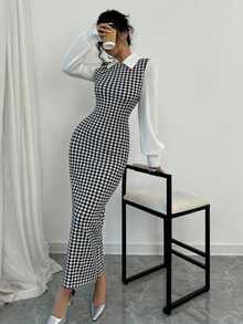 Elenzga Elegant Black And White Houndstooth Pattern Slim Patchwork Puff Sleeve Collar Maxi Dress,Fall Winter Women Office Fall Outfit Fashionable Long Dress - Black - View 4